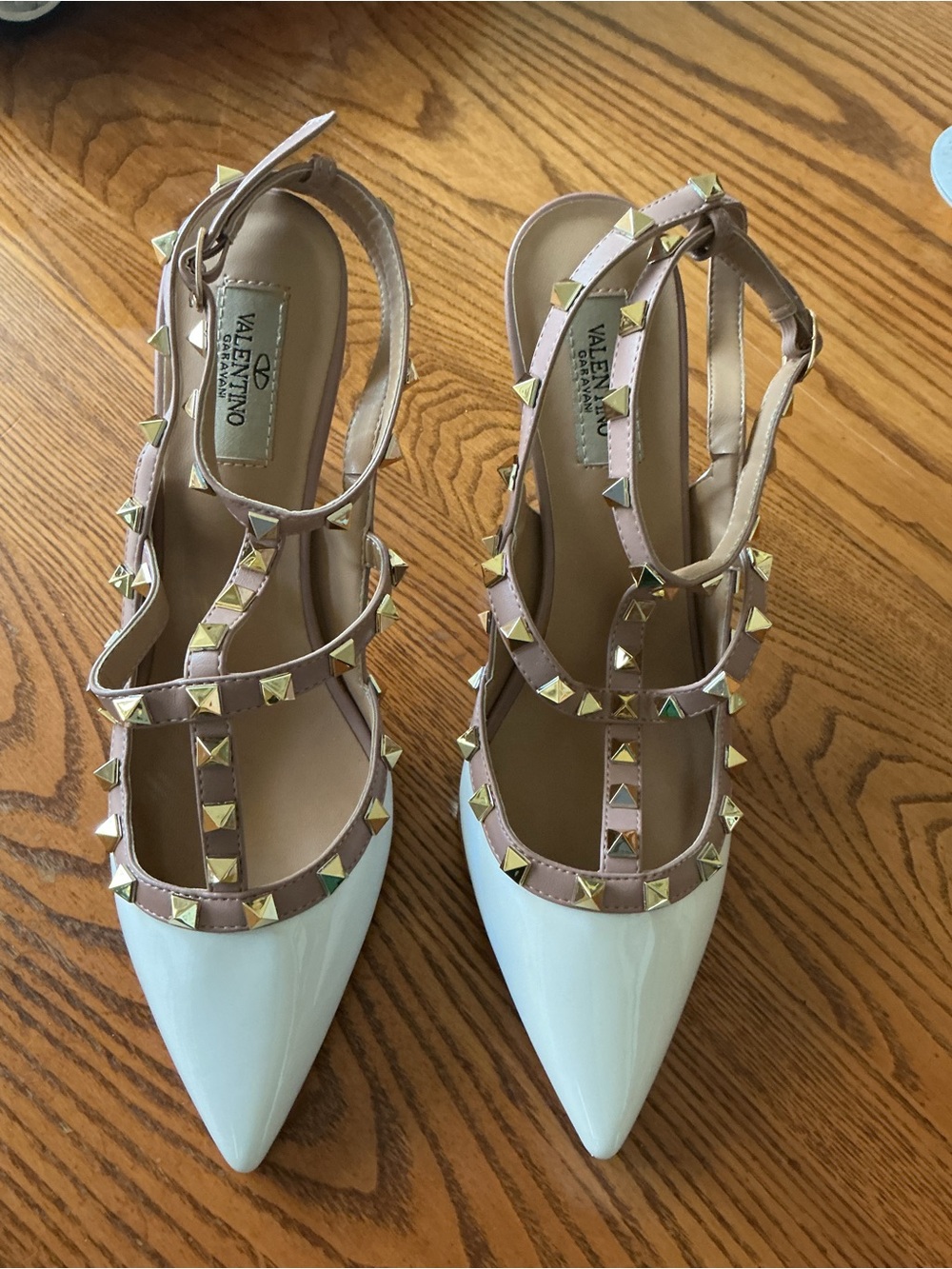 Valentino White and Tan Rockstud Heels - Picture 9 of 9